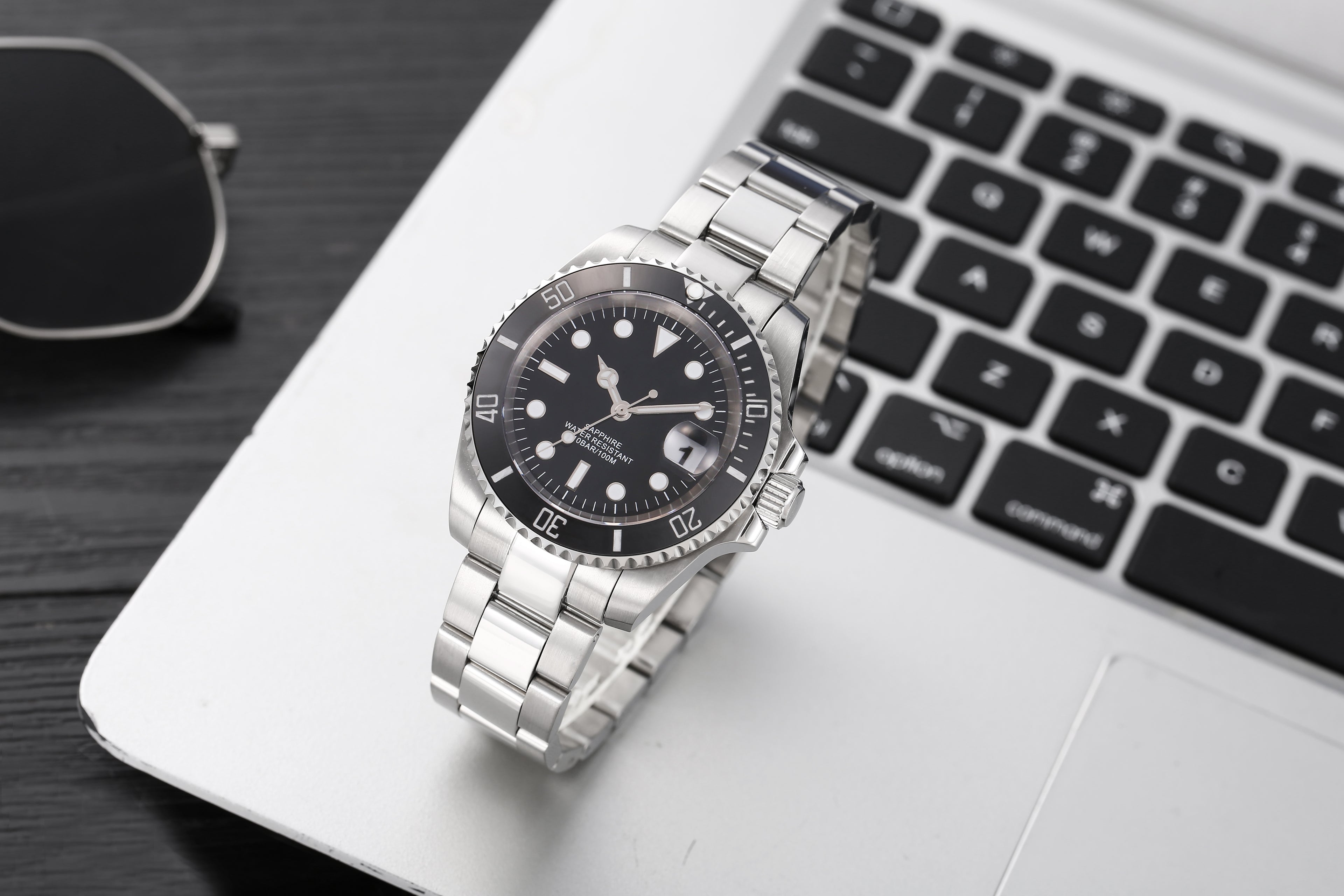 Classic Submariner Style Diver Watch for Men | 50M Water Resistant, Sapphire Glass, Stainless Steel Case & Bracelet, Black Ceramic Bezel, Date Display