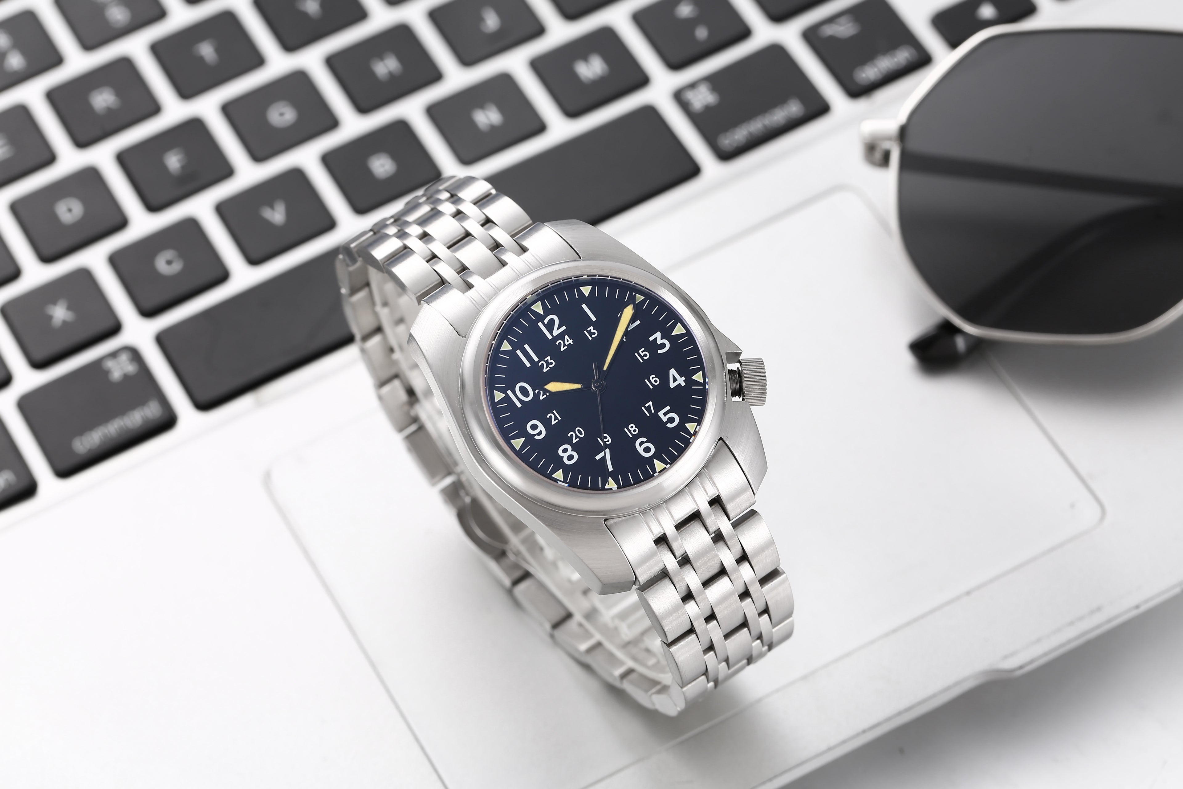 Classic Flieger Pilot Watch, Dark Blue Dial with Luminous Hands, Stainless Steel Case, Casual Business Men's Watch