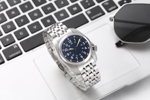 Classic Flieger Pilot Watch, Dark Blue Dial with Luminous Hands, Stainless Steel Case, Casual Business Men's Watch