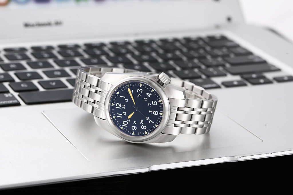 Classic Flieger Pilot Watch, Dark Blue Dial with Luminous Hands, Stainless Steel Case, Casual Business Men's Watch