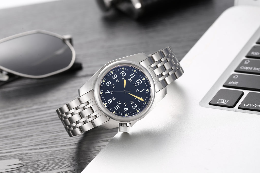 Classic Flieger Pilot Watch, Dark Blue Dial with Luminous Hands, Stainless Steel Case, Casual Business Men's Watch