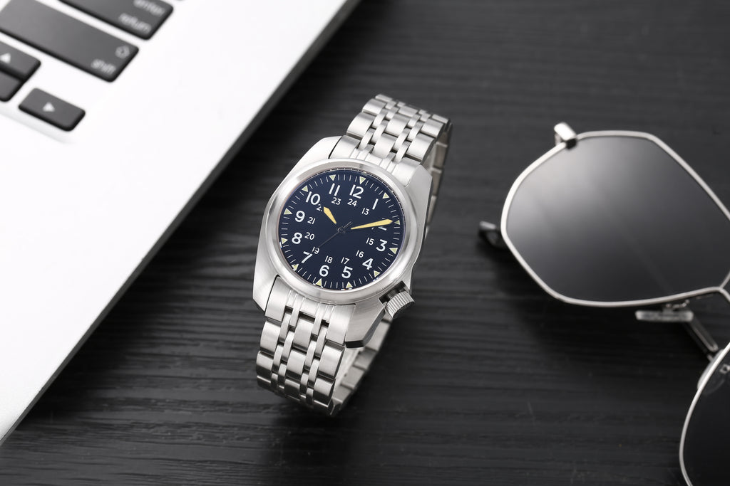 Classic Flieger Pilot Watch, Dark Blue Dial with Luminous Hands, Stainless Steel Case, Casual Business Men's Watch