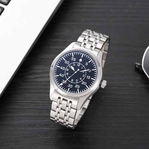 Classic Flieger Pilot Quartz Watch for Men, Precise Quartz Movement, Black Dial, Stainless Steel Case & Bracelet, Casual Dress Military Watch
