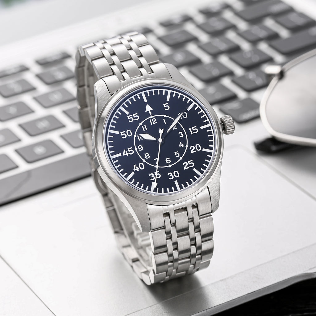 Classic Flieger Pilot Quartz Watch for Men, Precise Quartz Movement, Black Dial, Stainless Steel Case & Bracelet, Casual Dress Military Watch