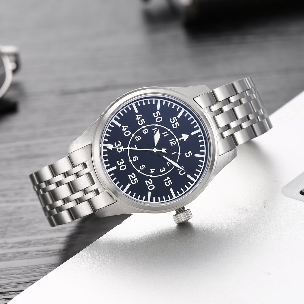 Classic Flieger Pilot Quartz Watch for Men, Precise Quartz Movement, Black Dial, Stainless Steel Case & Bracelet, Casual Dress Military Watch