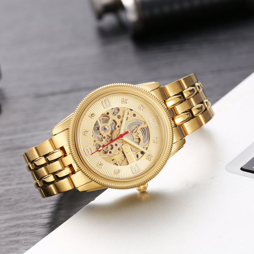Men's Gold-Tone Skeleton Automatic Watch, 40mm Open Work Dial with Diamond Accents, 316L Stainless Steel Bracelet, Luxury Mechanical Dress Watch