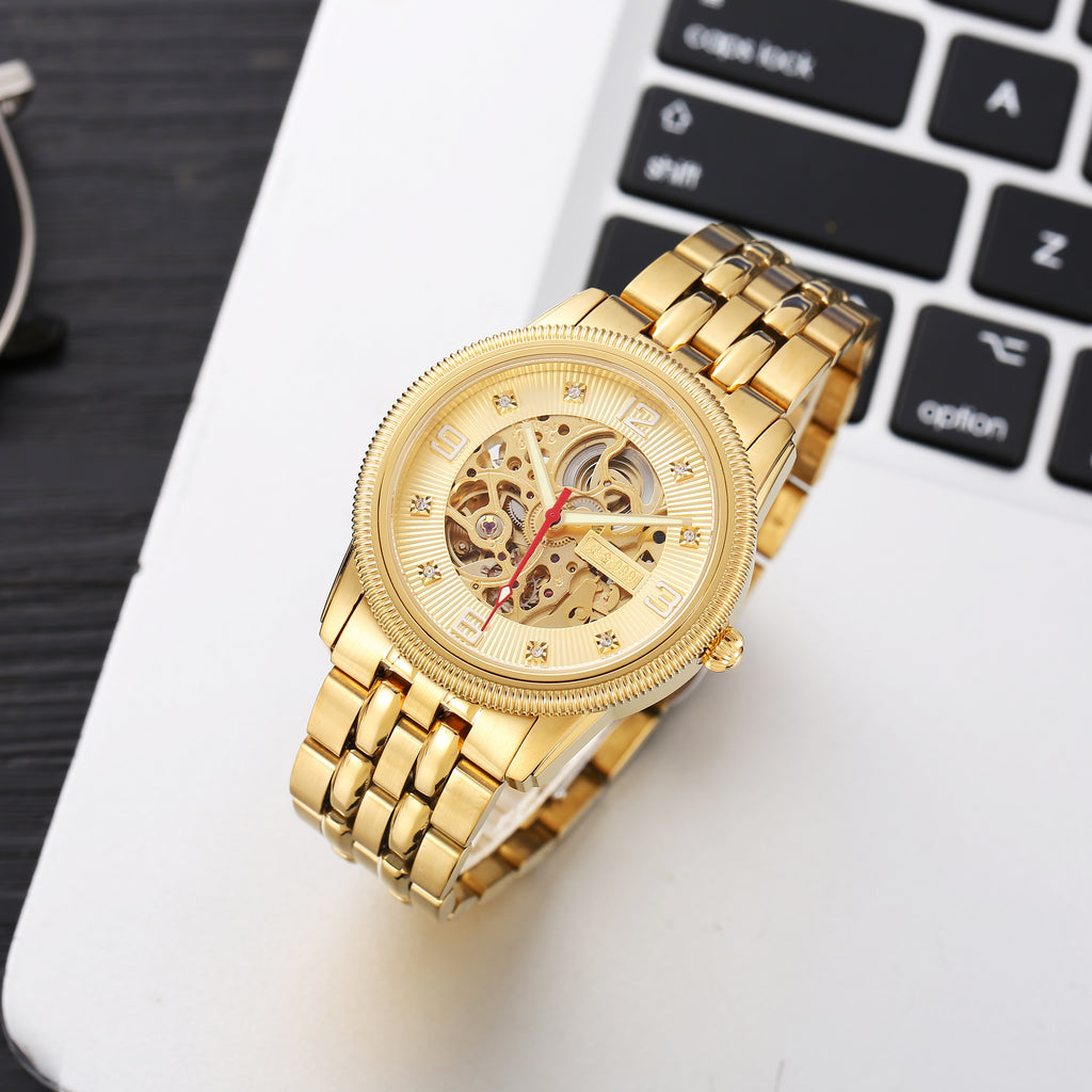 Men's Gold-Tone Skeleton Automatic Watch, 40mm Open Work Dial with Diamond Accents, 316L Stainless Steel Bracelet, Luxury Mechanical Dress Watch