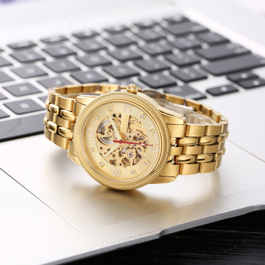 Men's Gold-Tone Skeleton Automatic Watch, 40mm Open Work Dial with Diamond Accents, 316L Stainless Steel Bracelet, Luxury Mechanical Dress Watch