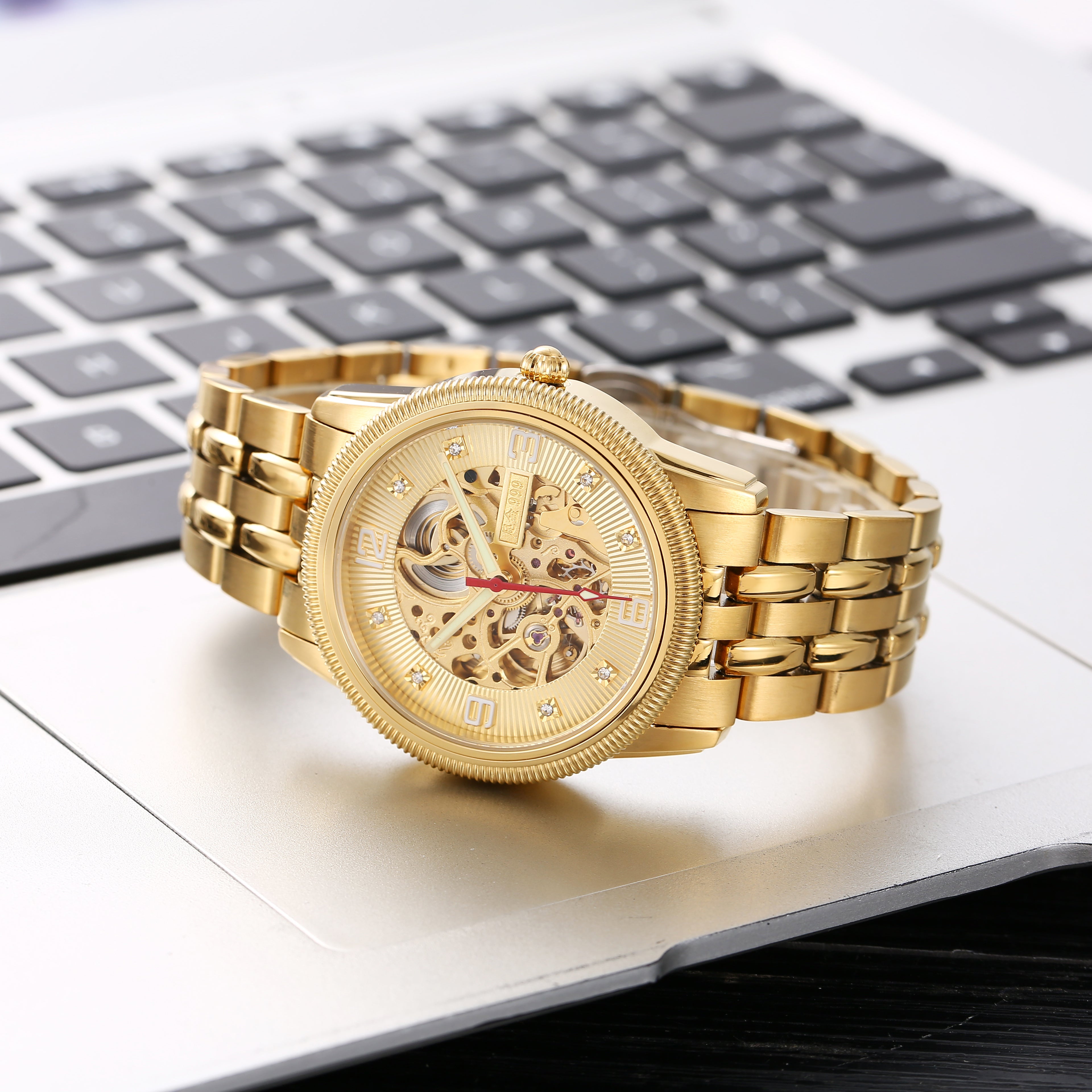 Men's Gold-Tone Skeleton Automatic Watch, 40mm Open Work Dial with Diamond Accents, 316L Stainless Steel Bracelet, Luxury Mechanical Dress Watch