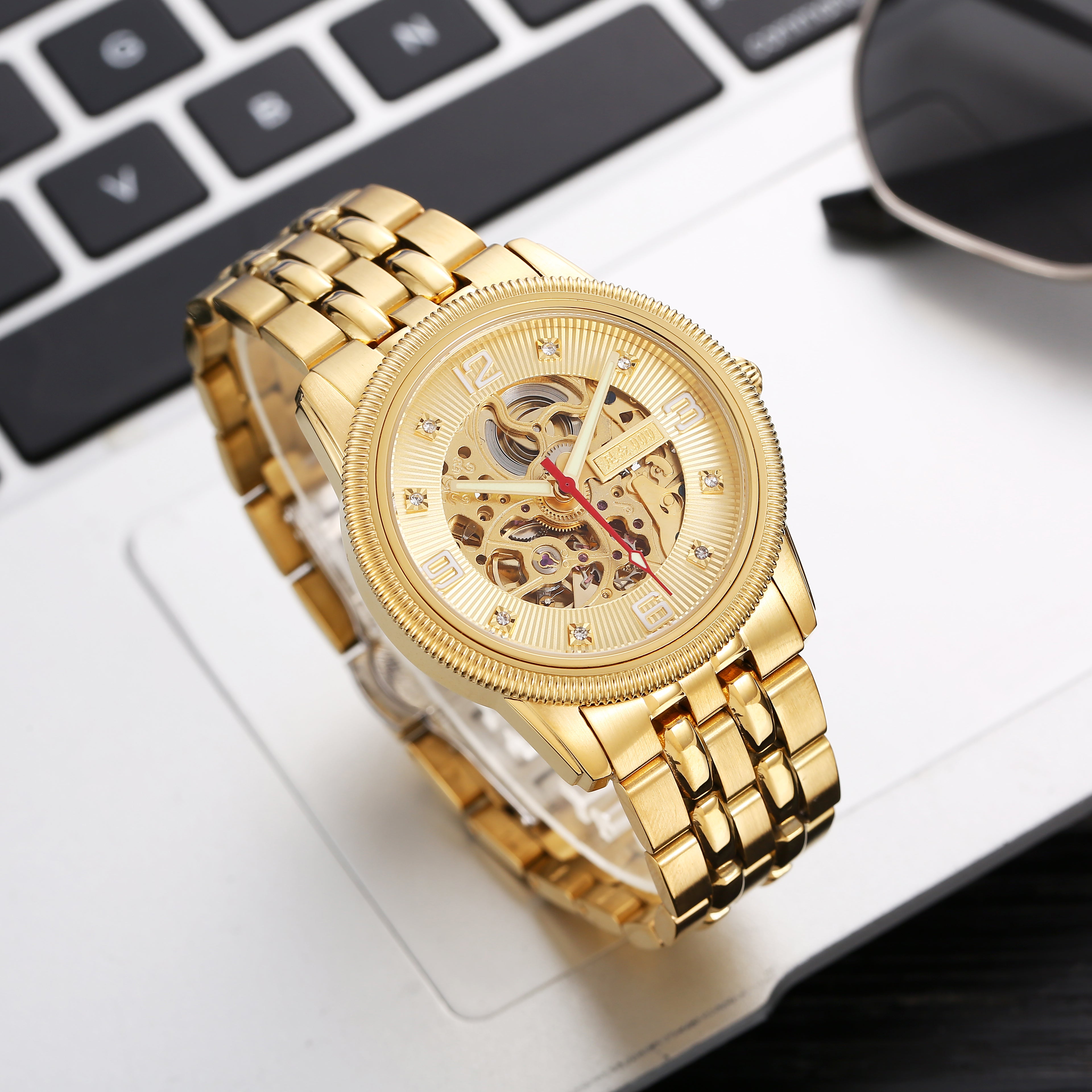 Men's Gold-Tone Skeleton Automatic Watch, 40mm Open Work Dial with Diamond Accents, 316L Stainless Steel Bracelet, Luxury Mechanical Dress Watch