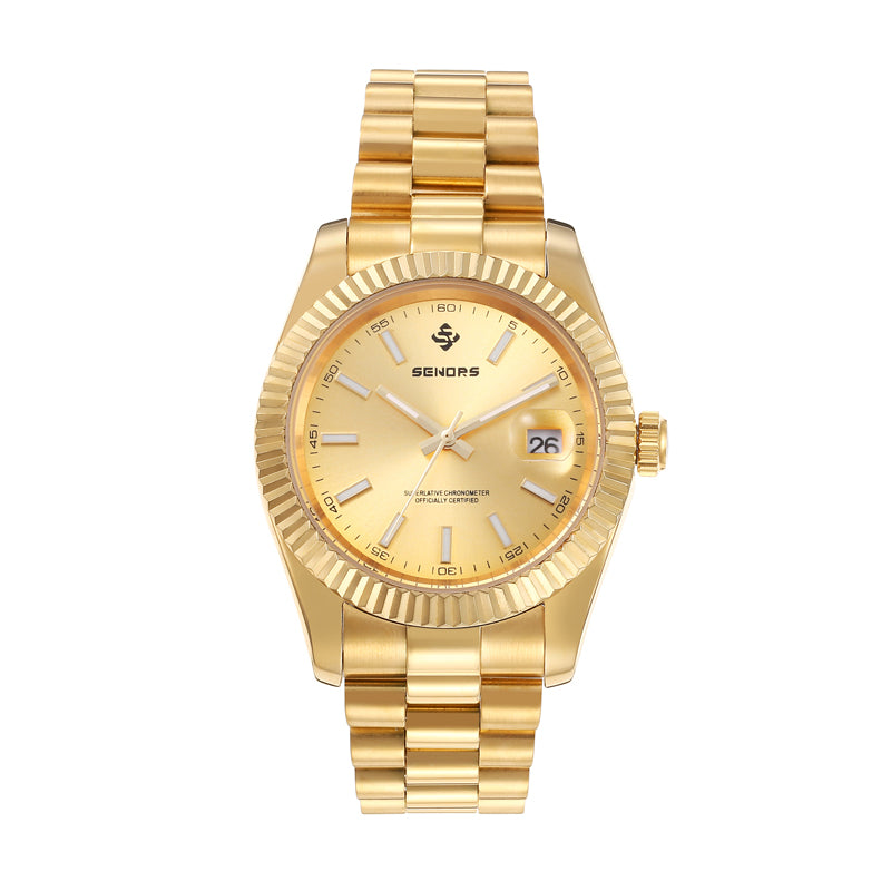 SENORS Men's Automatic Gold Watch, 40mm Fluted Bezel Datejust Style, Waterproof Luxury Business Mechanical Wristwatch