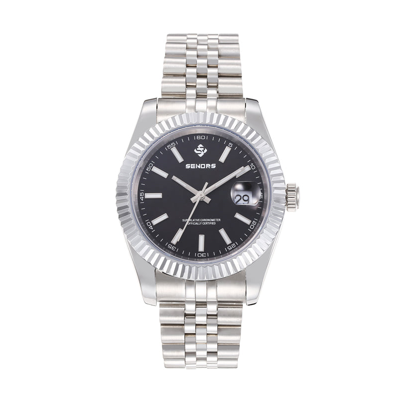 SENORS Classic Stainless Steel Watch for Men, Black Dial with Date Window, Jubilee Bracelet Automatic Watch