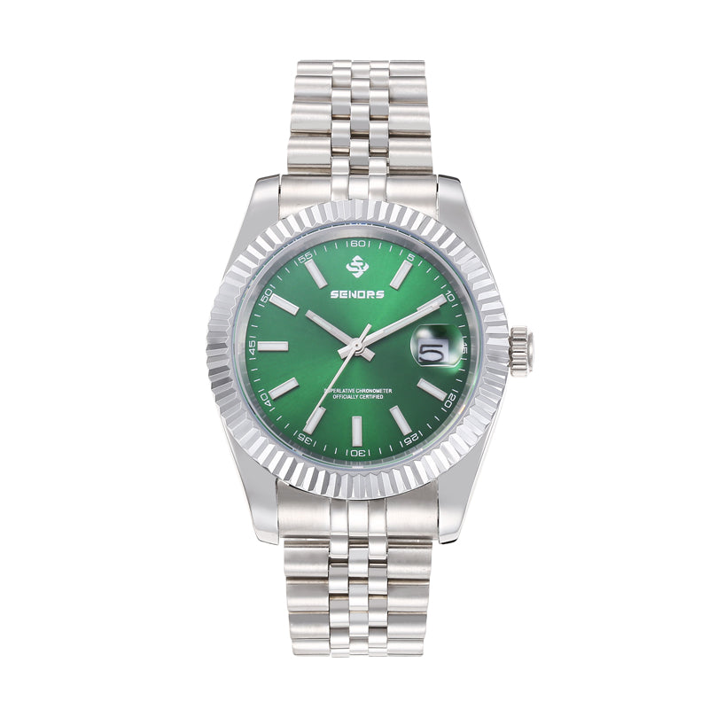SENORS Men's Automatic Watch, 40mm Silver Fluted Bezel Green Dial Datejust Style, Waterproof Business Mechanical Wristwatch