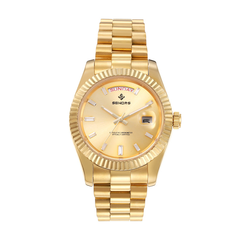 SENORS Classic Gold-Plated Watch for Men, Champagne Dial with Day & Date Window, Presidential Bracelet Automatic Watch