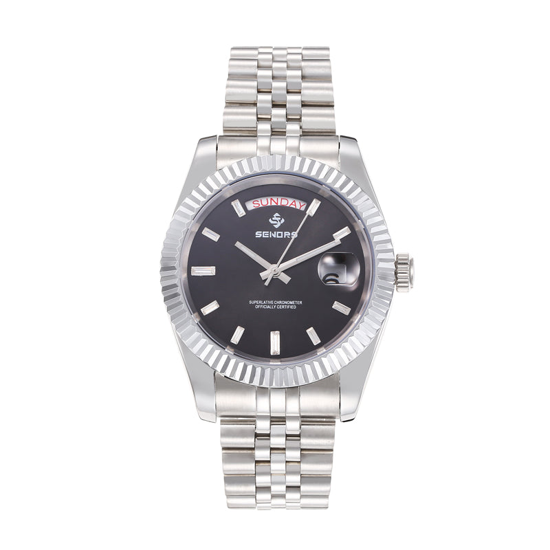 SENORS Men's Silver Day-Date Automatic Watch, 40mm Fluted Bezel Black Dial with Baguette Indexes, Jubilee Bracelet Luxury Mechanical Wristwatch