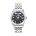 SENORS Men's Silver Day-Date Automatic Watch, 40mm Fluted Bezel Black Dial with Baguette Indexes, Jubilee Bracelet Luxury Mechanical Wristwatch