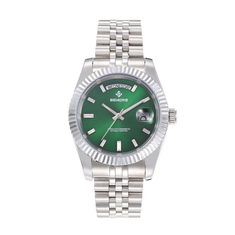 SENORS Silver Tone Oyster Perpetual Inspired Watch, Green Dial, Day & Date Window, Waterproof Mechanical Watch