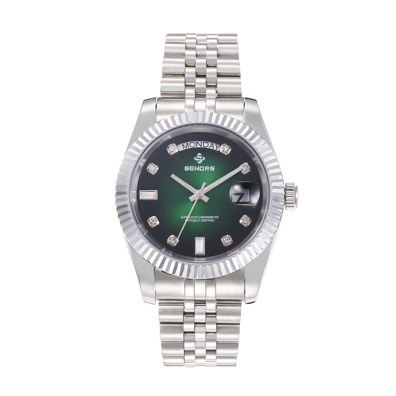 SENORS Silver Tone Oyster Perpetual Inspired Watch, Gradient Green Dial, Day & Date Window, Waterproof Mechanical Watch