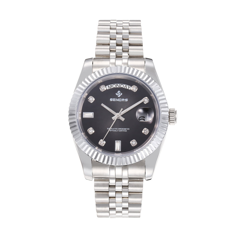 SENORS Classic Stainless Steel Day-Date Watch, Gradient Black Dial with Round & Baguette Crystal Markers, Presidential Style Automatic Watch