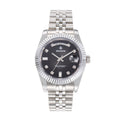 SENORS Classic Stainless Steel Day-Date Watch, Gradient Black Dial with Round & Baguette Crystal Markers, Presidential Style Automatic Watch