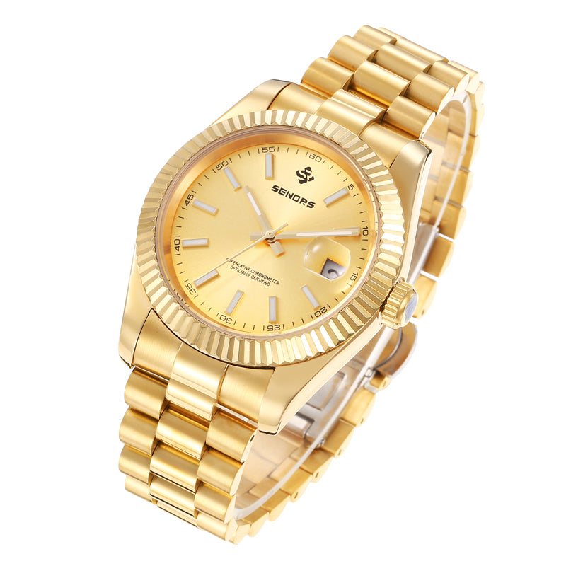 SENORS Men's Automatic Gold Watch, 40mm Fluted Bezel Datejust Style, Waterproof Luxury Business Mechanical Wristwatch