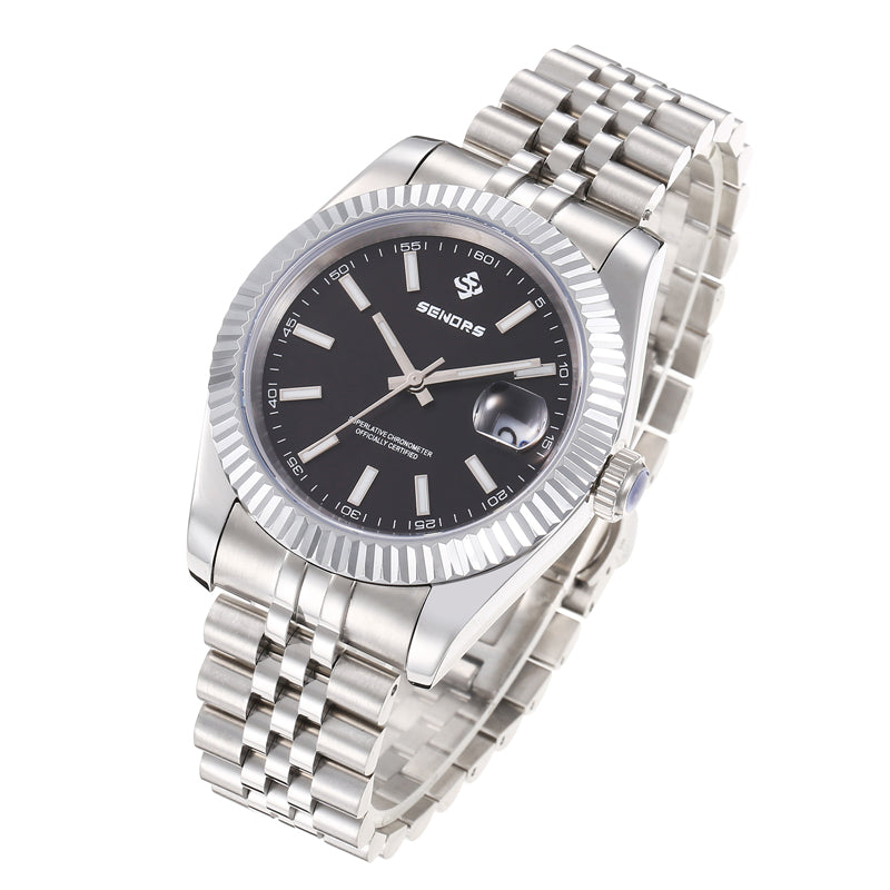 SENORS Classic Stainless Steel Watch for Men, Black Dial with Date Window, Jubilee Bracelet Automatic Watch