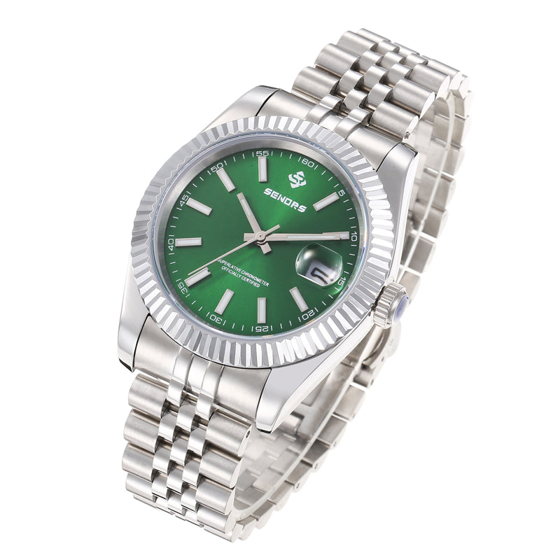 SENORS Men's Automatic Watch, 40mm Silver Fluted Bezel Green Dial Datejust Style, Waterproof Business Mechanical Wristwatch