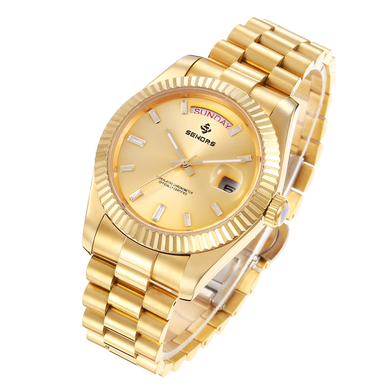 SENORS Classic Gold-Plated Watch for Men, Champagne Dial with Day & Date Window, Presidential Bracelet Automatic Watch