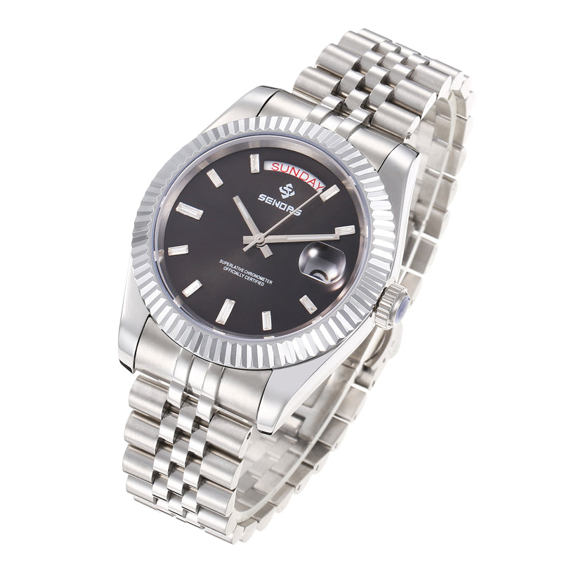 SENORS Men's Silver Day-Date Automatic Watch, 40mm Fluted Bezel Black Dial with Baguette Indexes, Jubilee Bracelet Luxury Mechanical Wristwatch