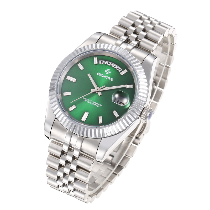 SENORS Silver Tone Oyster Perpetual Inspired Watch, Green Dial, Day & Date Window, Waterproof Mechanical Watch