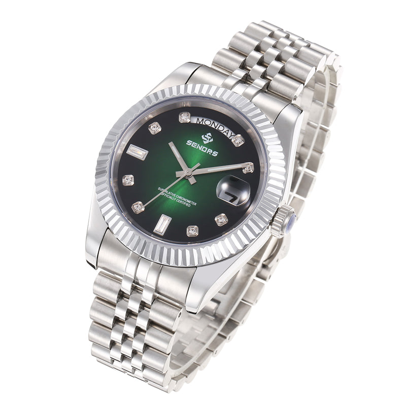 SENORS Silver Tone Oyster Perpetual Inspired Watch, Gradient Green Dial, Day & Date Window, Waterproof Mechanical Watch