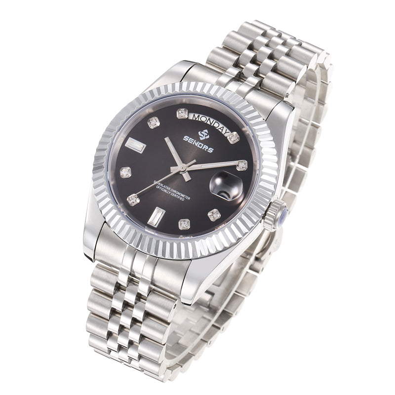 SENORS Classic Stainless Steel Day-Date Watch, Gradient Black Dial with Round & Baguette Crystal Markers, Presidential Style Automatic Watch