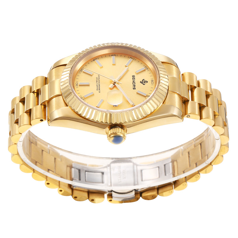 SENORS Men's Automatic Gold Watch, 40mm Fluted Bezel Datejust Style, Waterproof Luxury Business Mechanical Wristwatch