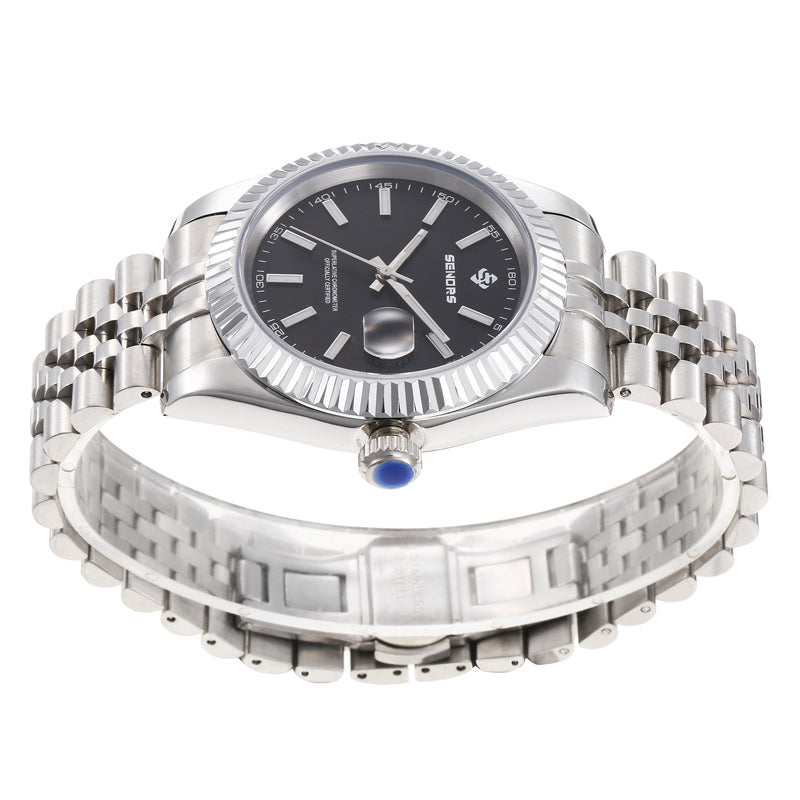 SENORS Classic Stainless Steel Watch for Men, Black Dial with Date Window, Jubilee Bracelet Automatic Watch