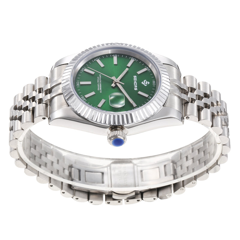 SENORS Men's Automatic Watch, 40mm Silver Fluted Bezel Green Dial Datejust Style, Waterproof Business Mechanical Wristwatch