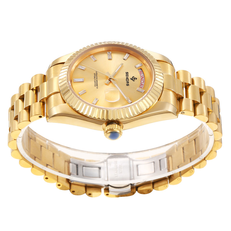 SENORS Classic Gold-Plated Watch for Men, Champagne Dial with Day & Date Window, Presidential Bracelet Automatic Watch