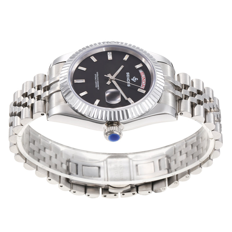 SENORS Men's Silver Day-Date Automatic Watch, 40mm Fluted Bezel Black Dial with Baguette Indexes, Jubilee Bracelet Luxury Mechanical Wristwatch