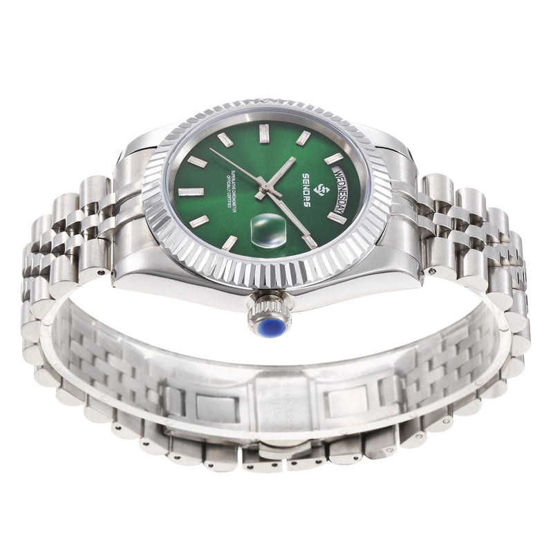 SENORS Silver Tone Oyster Perpetual Inspired Watch, Green Dial, Day & Date Window, Waterproof Mechanical Watch