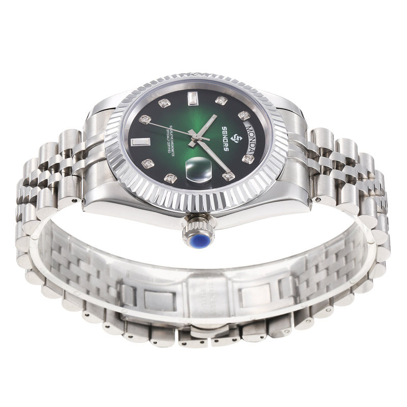 SENORS Silver Tone Oyster Perpetual Inspired Watch, Gradient Green Dial, Day & Date Window, Waterproof Mechanical Watch