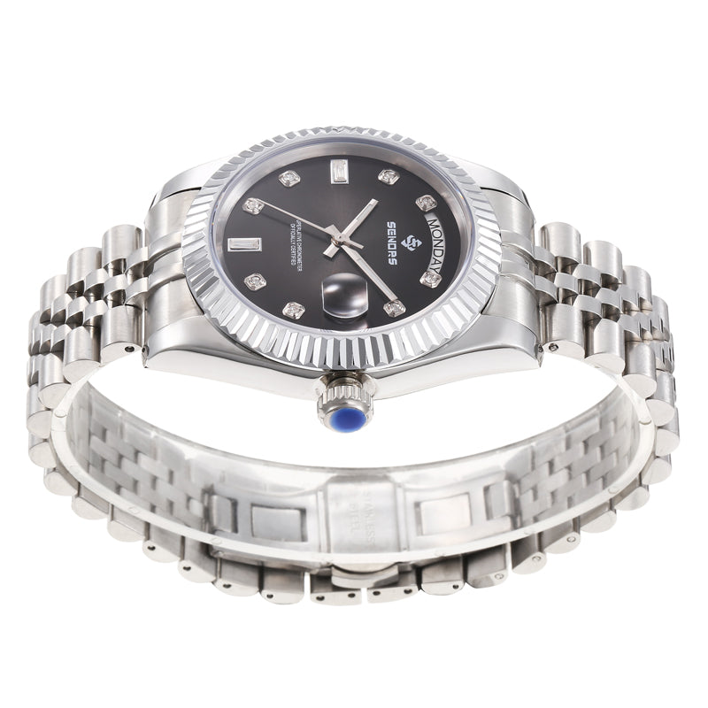 SENORS Classic Stainless Steel Day-Date Watch, Gradient Black Dial with Round & Baguette Crystal Markers, Presidential Style Automatic Watch