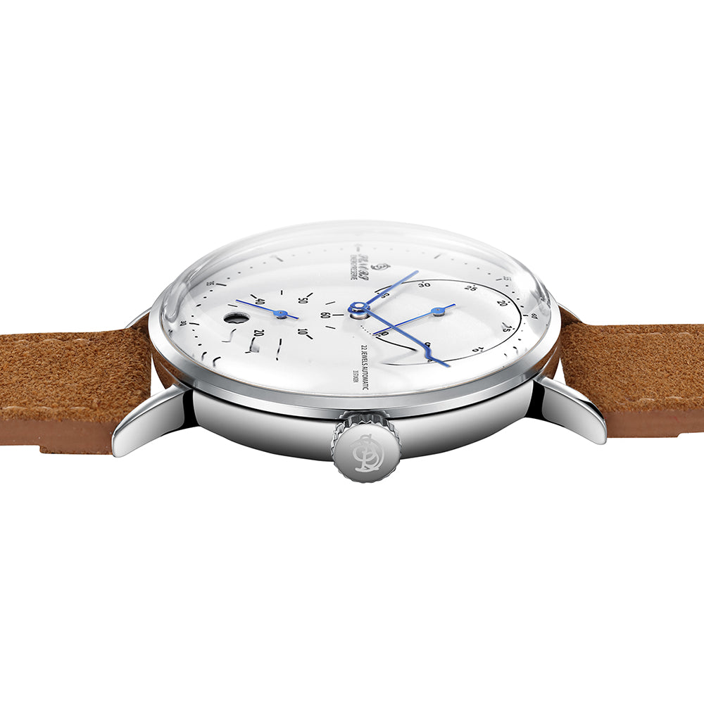 SENORS Men's Automatic Watch, 22 Jewels 35-Hour Power Reserve, Blue Hands & White Dial, Brown Suede Strap, Dress Watch for Daily Wear