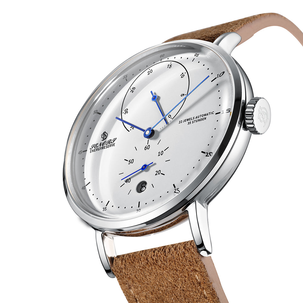 SENORS Men's Automatic Watch, 22 Jewels 35-Hour Power Reserve, Blue Hands & White Dial, Brown Suede Strap, Dress Watch for Daily Wear