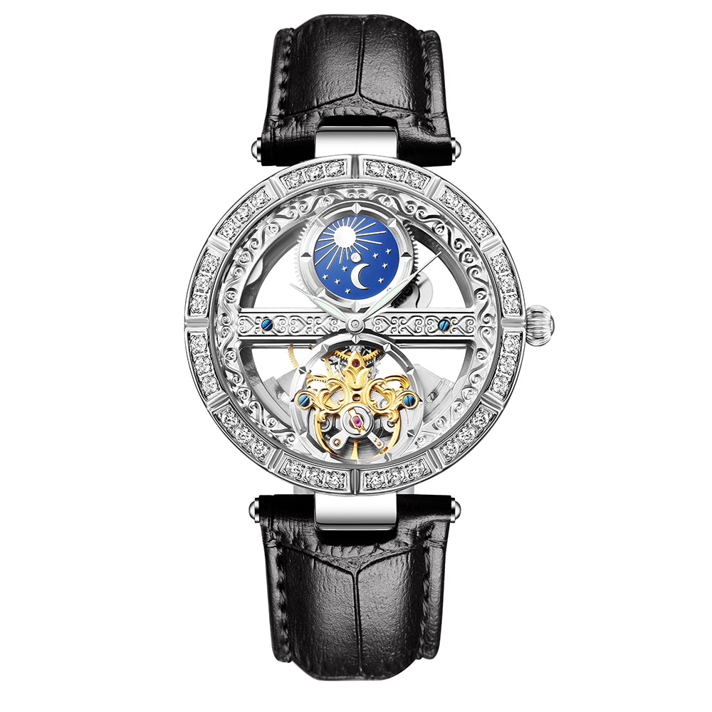 SENORS Women's Skeleton Automatic Mechanical Watch with Moon Phase & Diamond Bezel