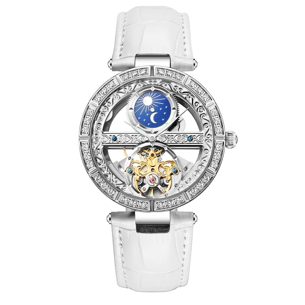 SENORS Women's Skeleton Automatic Mechanical Watch with Moon Phase & Diamond Bezel