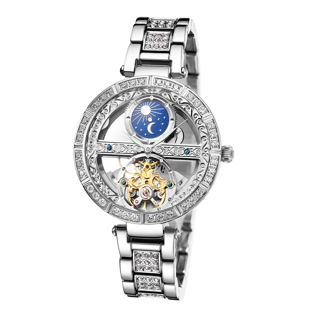 SENORS Women's Skeleton Automatic Mechanical Watch with Moon Phase & Diamond Bezel