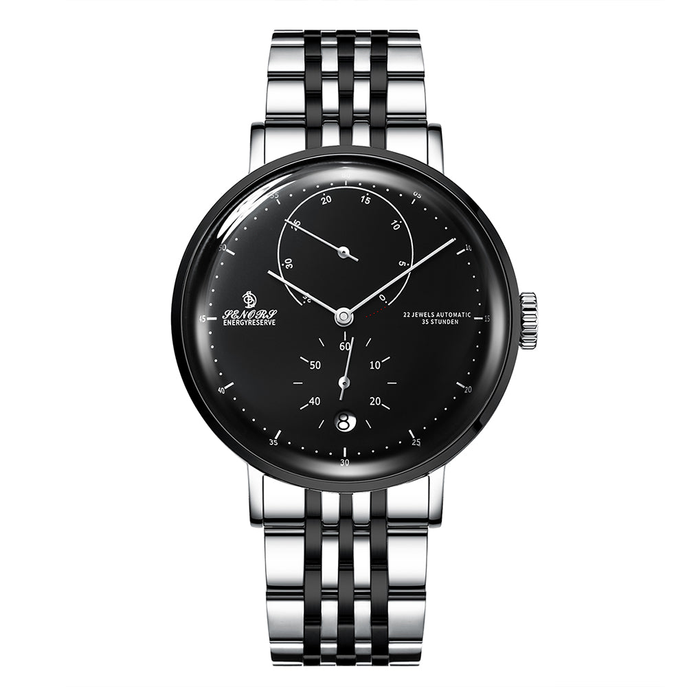 SENORS Men's Automatic Dress Watch with 35H Power Reserve, Black Dial & Stainless Steel Bracelet