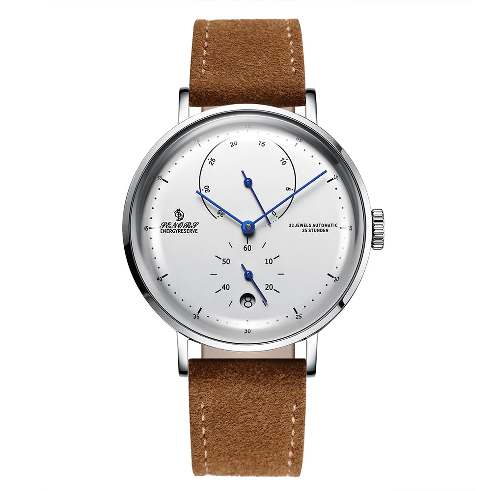 SENORS Men's Automatic Watch, 22 Jewels 35-Hour Power Reserve, Blue Hands & White Dial, Brown Suede Strap, Dress Watch for Daily Wear