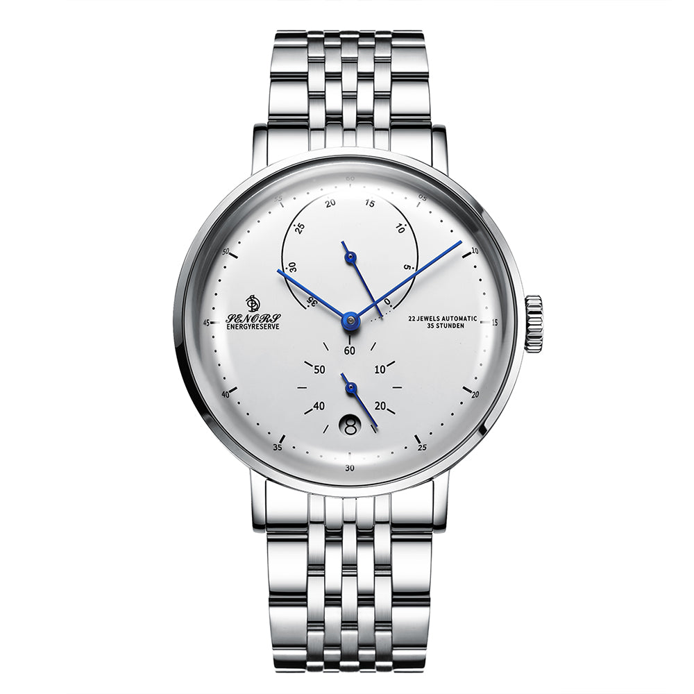 SENORS Men's Automatic Mechanical Watch, 40mm Minimalist White Dial with Power Reserve, 35h Power Reserve, 22 Jewels, Stainless Steel Bracelet, Waterproof Business Casual Wristwatch for Men