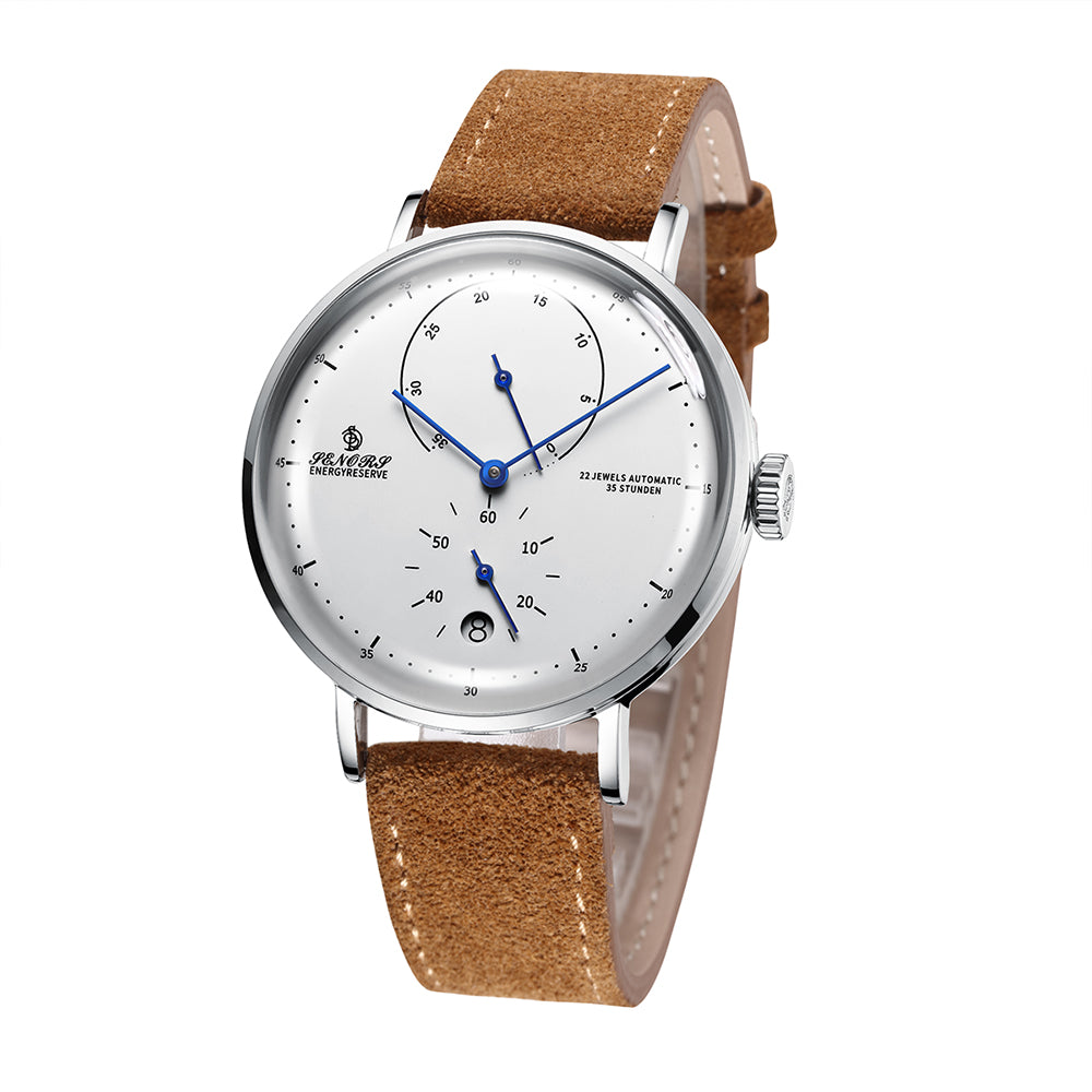 SENORS Men's Automatic Watch, 22 Jewels 35-Hour Power Reserve, Blue Hands & White Dial, Brown Suede Strap, Dress Watch for Daily Wear