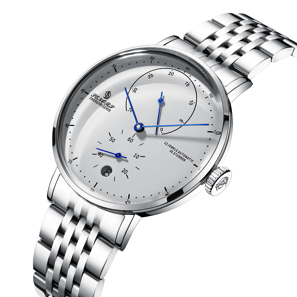 SENORS Men's Automatic Mechanical Watch, 40mm Minimalist White Dial with Power Reserve, 35h Power Reserve, 22 Jewels, Stainless Steel Bracelet, Waterproof Business Casual Wristwatch for Men